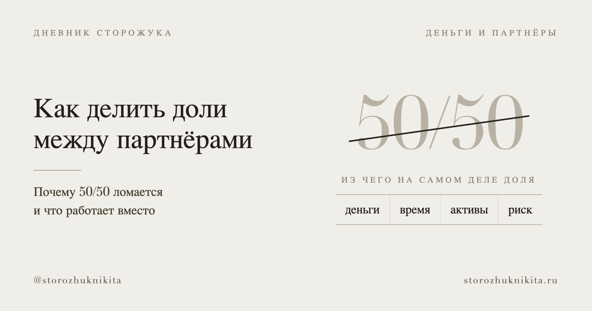 Как делить доли между партнёрами: почему 50/50 ломается и что работает вместо